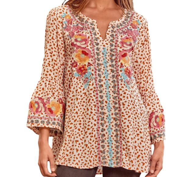 Impressions Boho Hippie Artsy Leopard Embroidered Top Cream/Camel Size S, - Picture 11 of 14